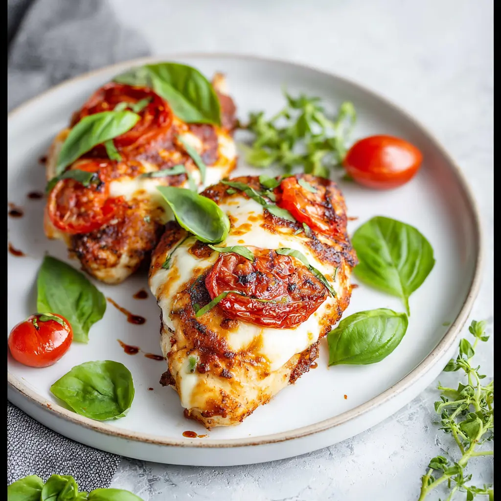 Air Fryer Caprese Chicken Mozzarella recipe, served and ready to eat, easy homemade dinner