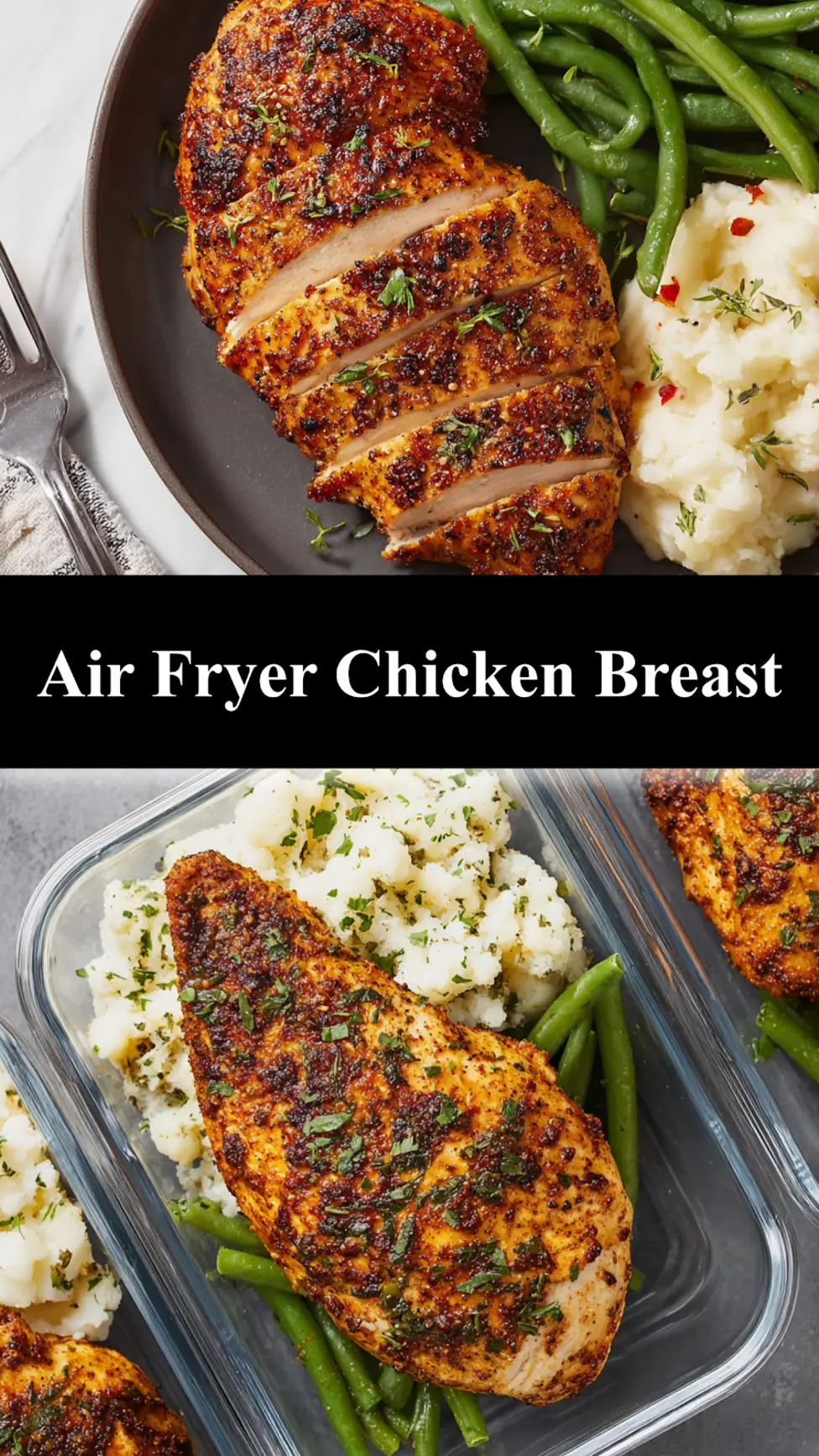 Air Fryer Chicken Breast Meal Prep recipe, served and ready to eat, easy homemade dinner_pin