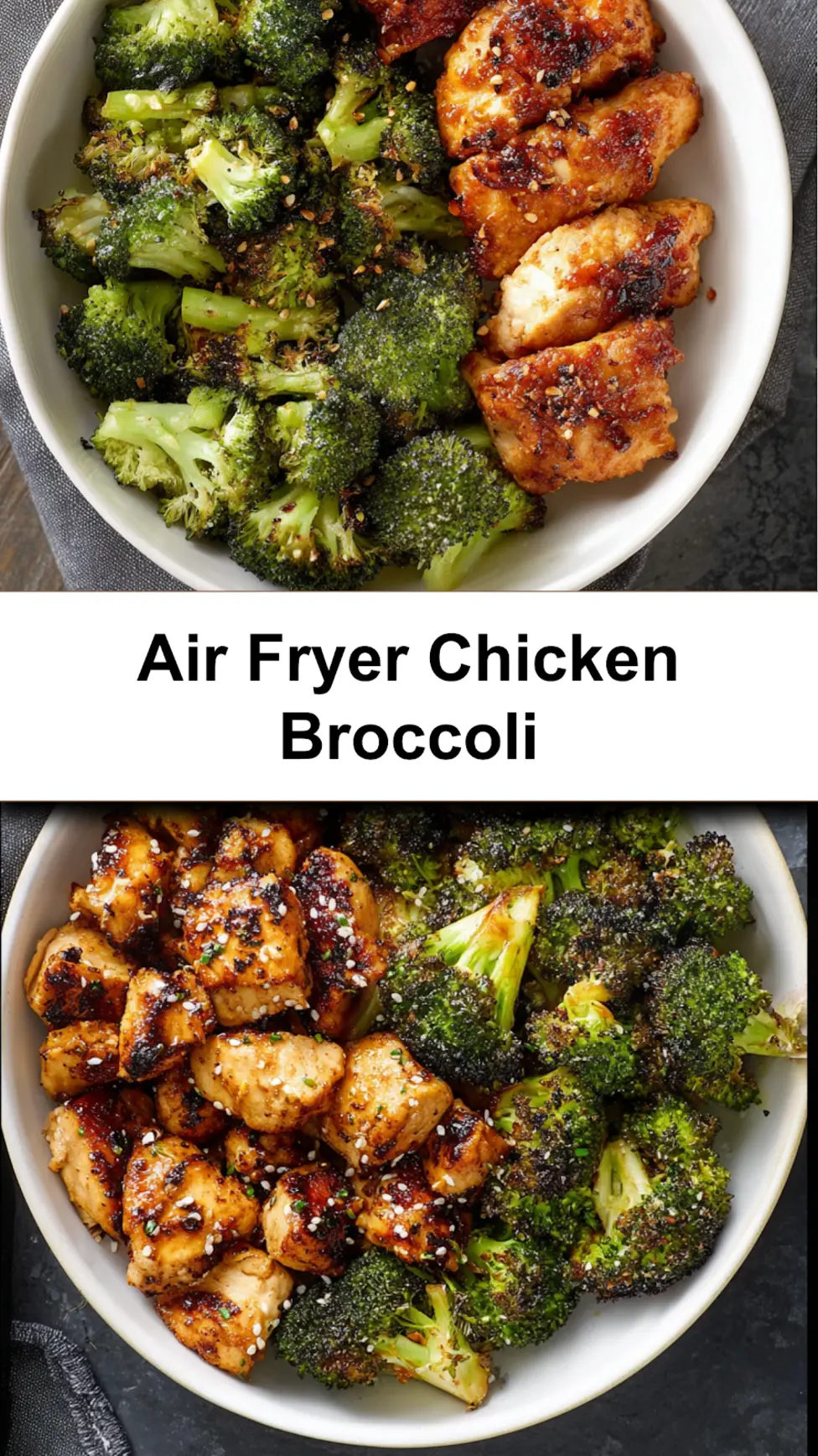 Air Fryer Chicken Broccoli recipe, served and ready to eat, easy homemade dish  pin image