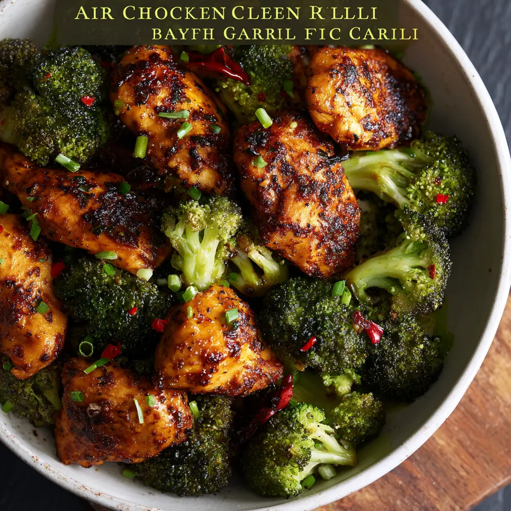 Air Fryer Chicken Broccoli Chili Garlic recipe, served and ready to eat, easy homemade dinner