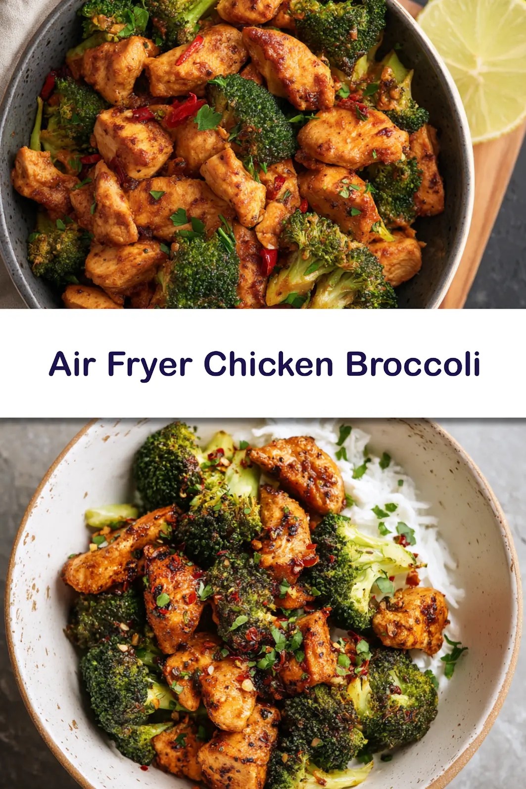 Air Fryer Chicken Broccoli Chili Garlic recipe, served and ready to eat, easy homemade dinner