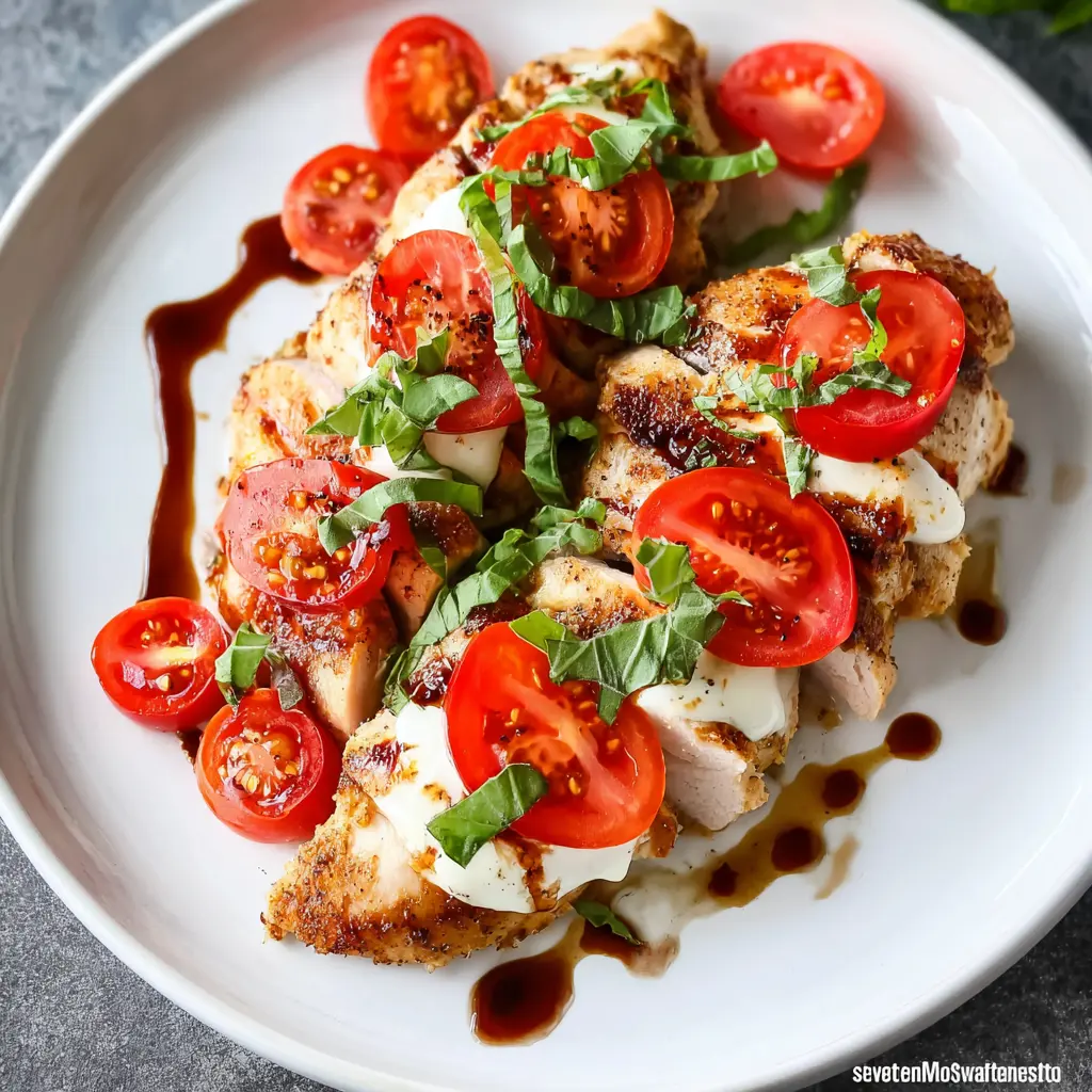 Air Fryer Chicken Caprese recipe, served and ready to eat, easy homemade dish
