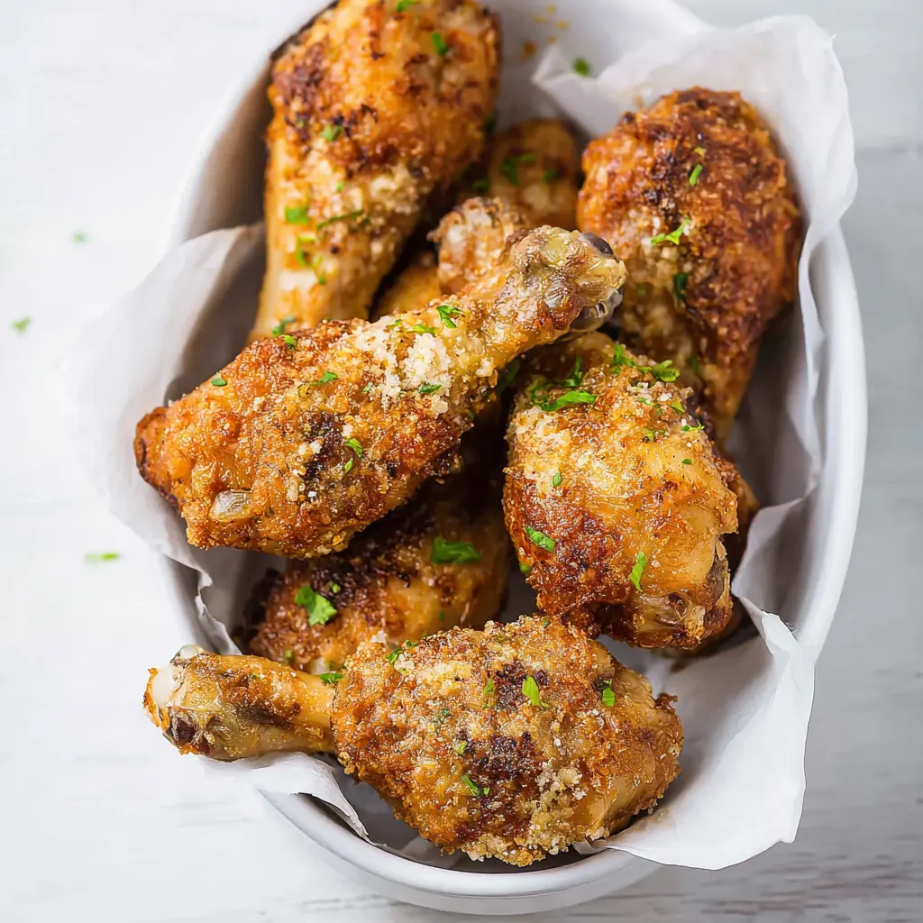 Air Fryer Chicken Drumsticks Garlic Parmesan recipe, served and ready to eat, easy homemade dinner