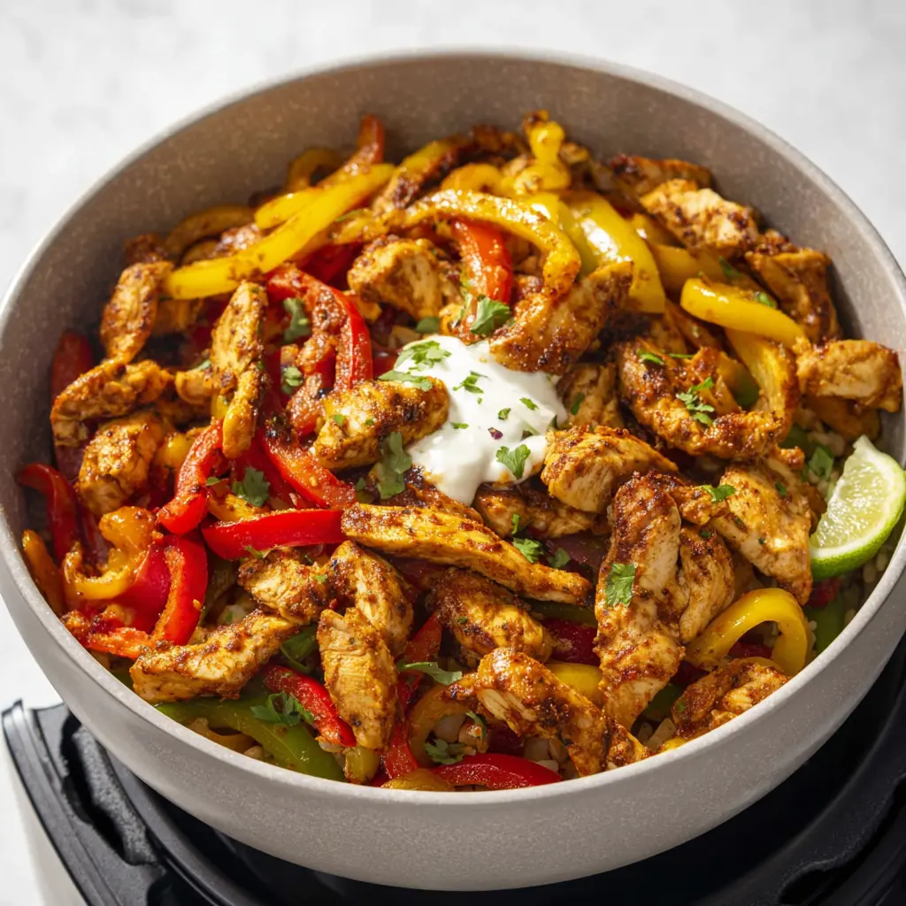 Air Fryer Chicken Fajita Bowl recipe, served and ready to eat, easy homemade dinner
