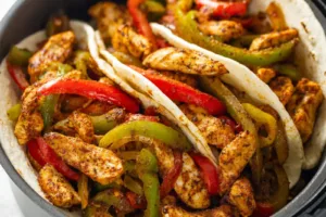 Air Fryer Chicken Fajitas recipe, served and ready to eat, easy homemade dinner