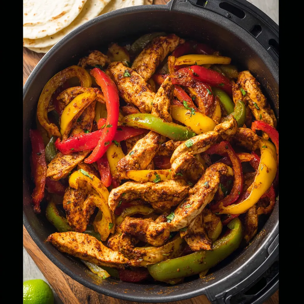 Air Fryer Chicken Fajitas recipe served and ready to eat, colorful bell peppers and juicy chicken strips