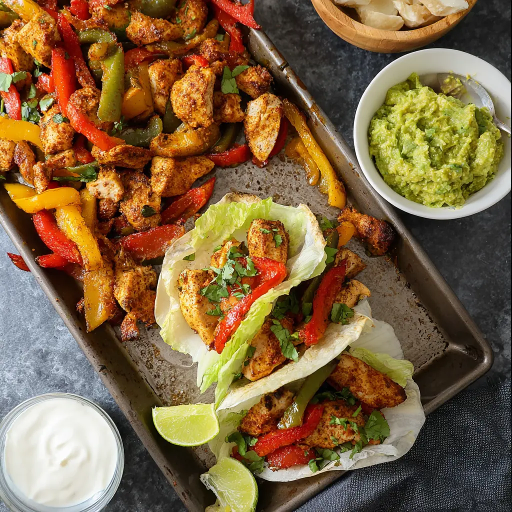 Air Fryer Chicken Fajitas Sheet Pan Style recipe, served and ready to eat, easy homemade dinner