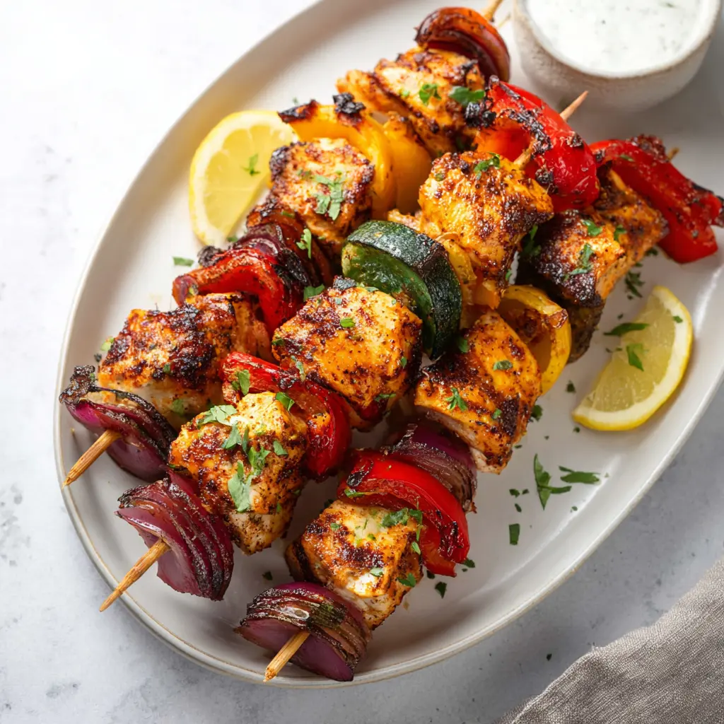 Air Fryer Chicken Kabobs served and ready to eat, made in the air fryer with colorful vegetables