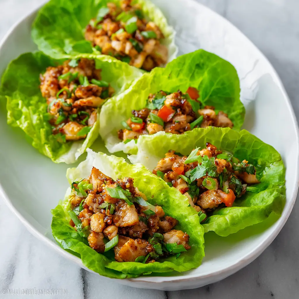 Air Fryer Chicken Lettuce Wraps recipe, served and ready to eat, easy homemade dish