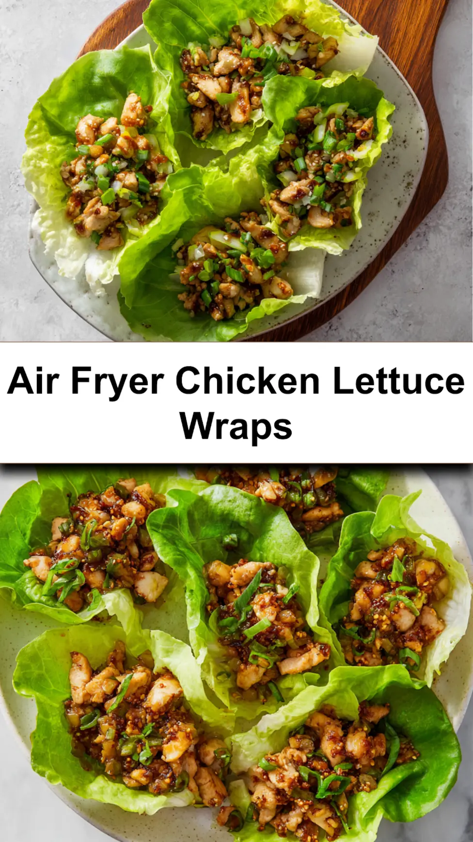 Air Fryer Chicken Lettuce Wraps recipe, served and ready to eat, easy homemade dish_pin