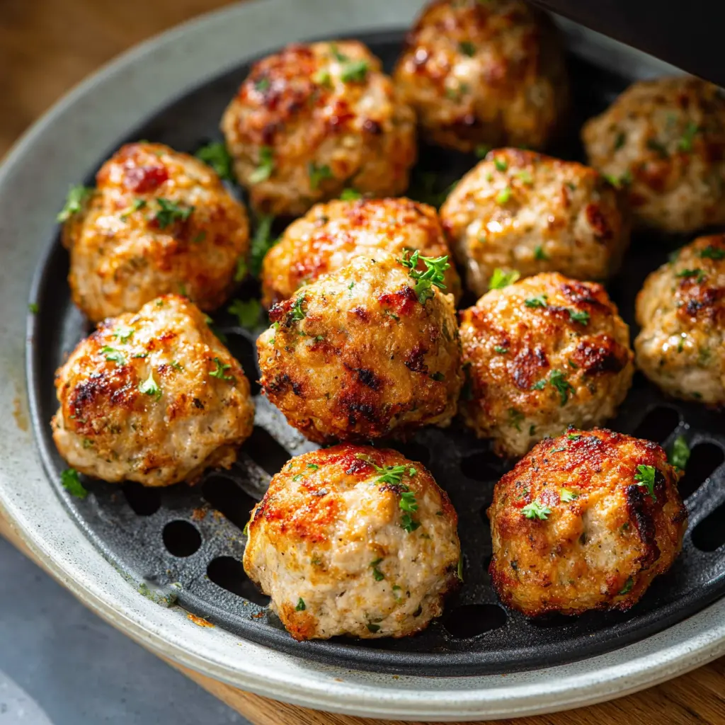 Air Fryer Chicken Meatballs High Protein recipe, served and ready to eat, easy homemade dish