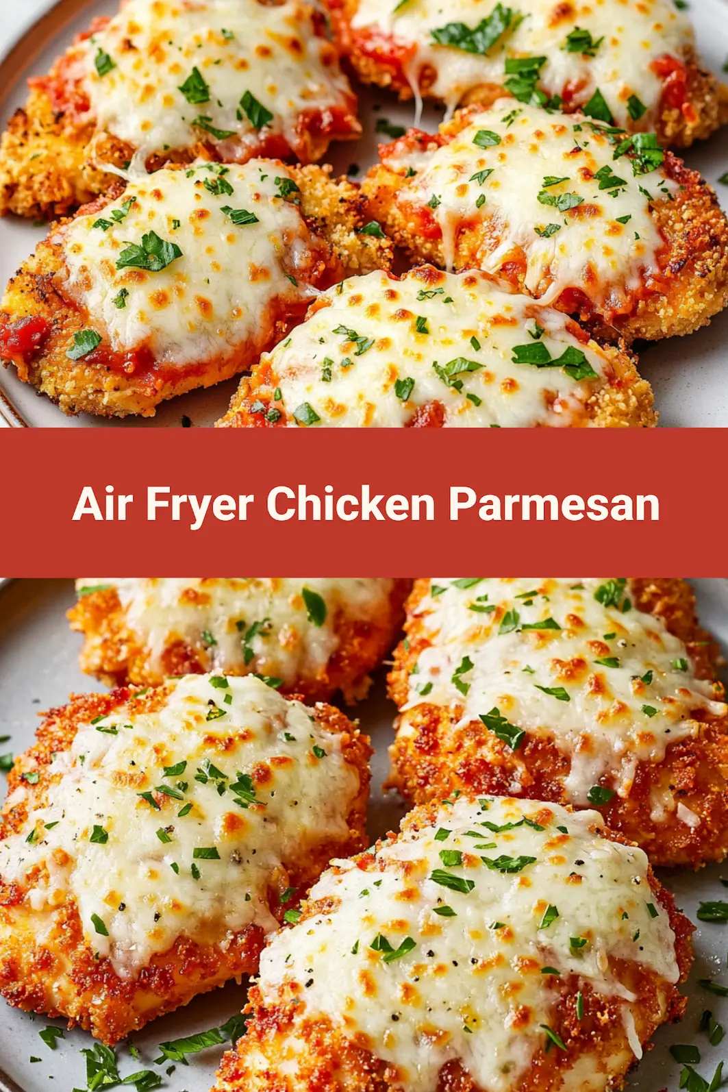 AIR FRYER CHICKEN PARMESAN recipe, served and ready to eat, easy homemade dinner