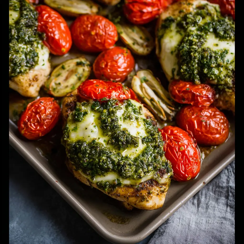 Air Fryer Chicken Pesto Sheet Pan recipe, served and ready to eat, easy homemade dish