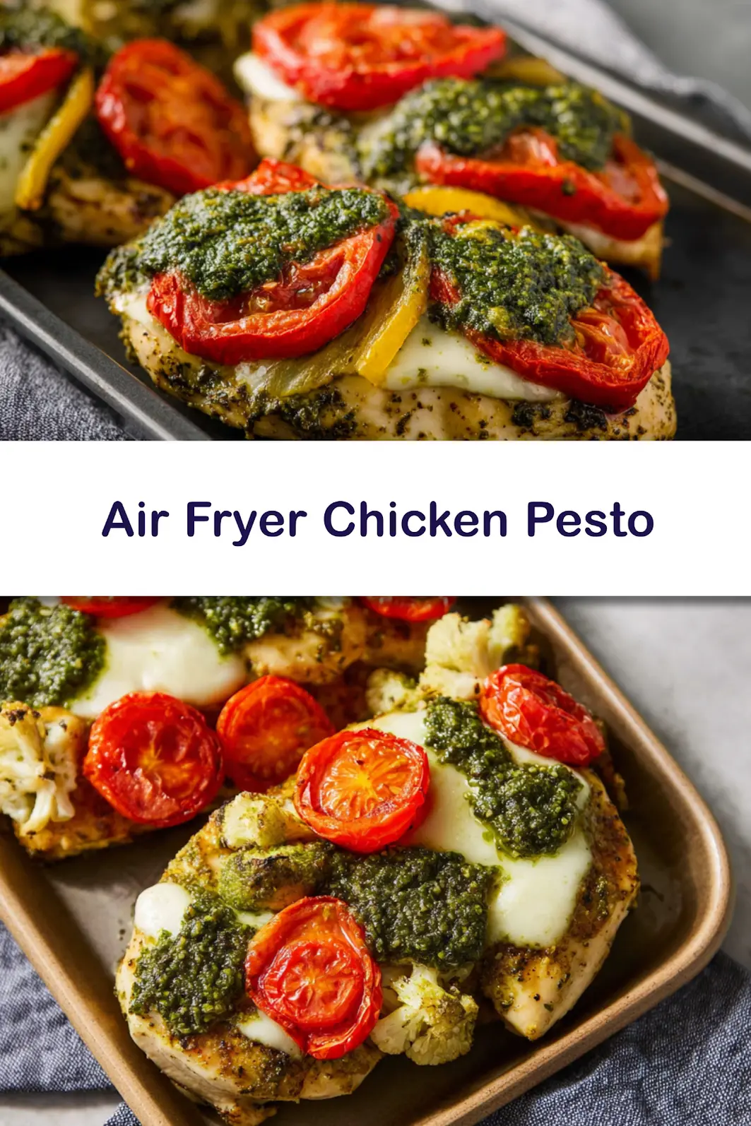 Air Fryer Chicken Pesto Sheet Pan recipe, served and ready to eat, easy homemade dish