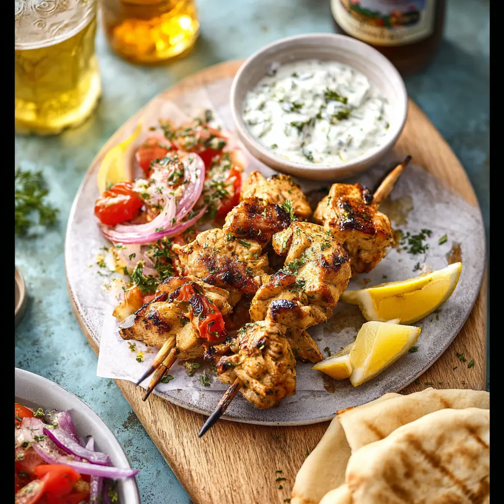 Air Fryer Chicken Souvlaki Skewers served and ready to eat, easy homemade dish