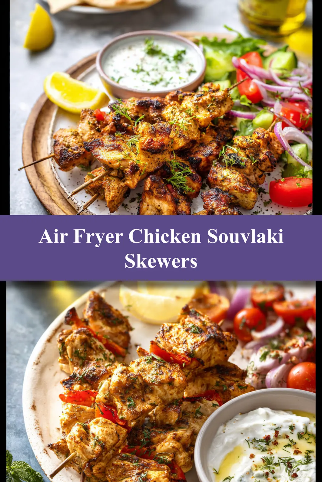 Air Fryer Chicken Souvlaki Skewers served and ready to eat, easy homemade dish