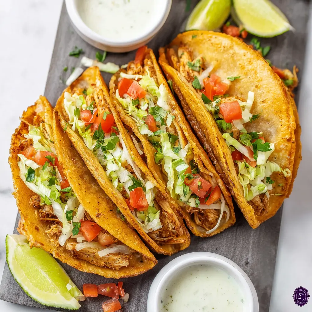 Air Fryer Chicken Street Tacos served and ready to eat, made in the air fryer with crispy corn tortillas and creamy chicken filling