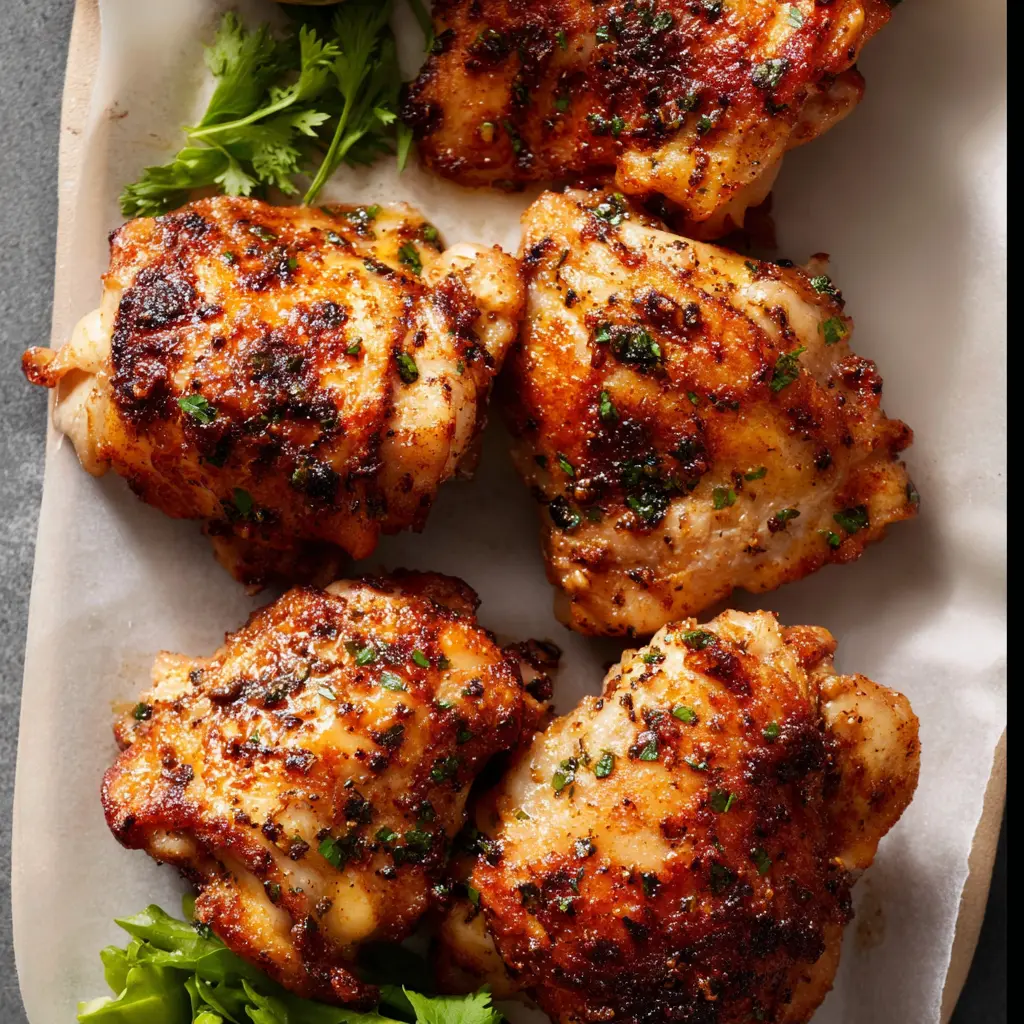 Air fryer chicken thighs served on a plate, golden and crispy, garnished with lemon and parsley