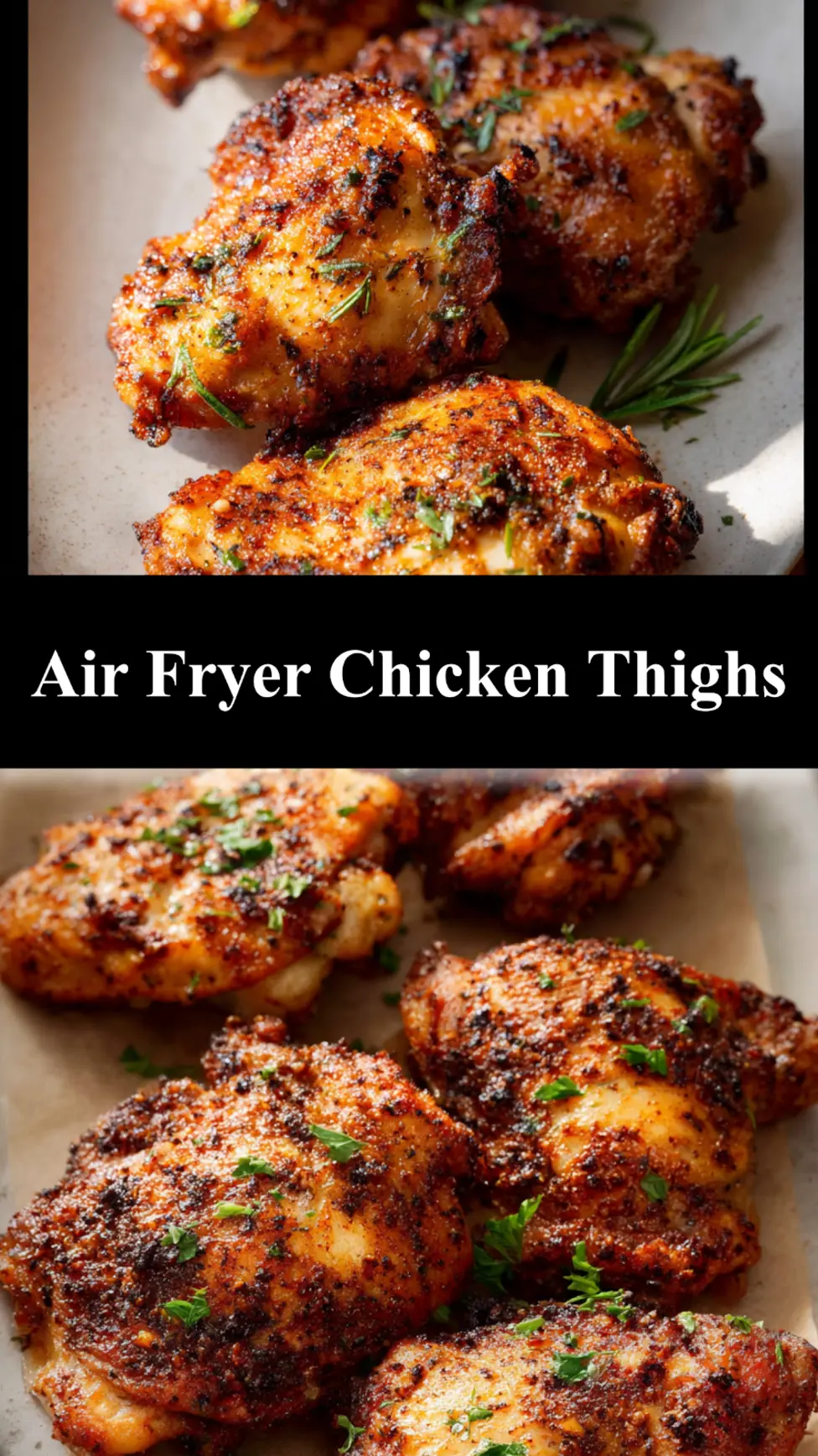 Air fryer chicken thighs meal prep pin  golden crispy thighs garnished with lemon and parsley