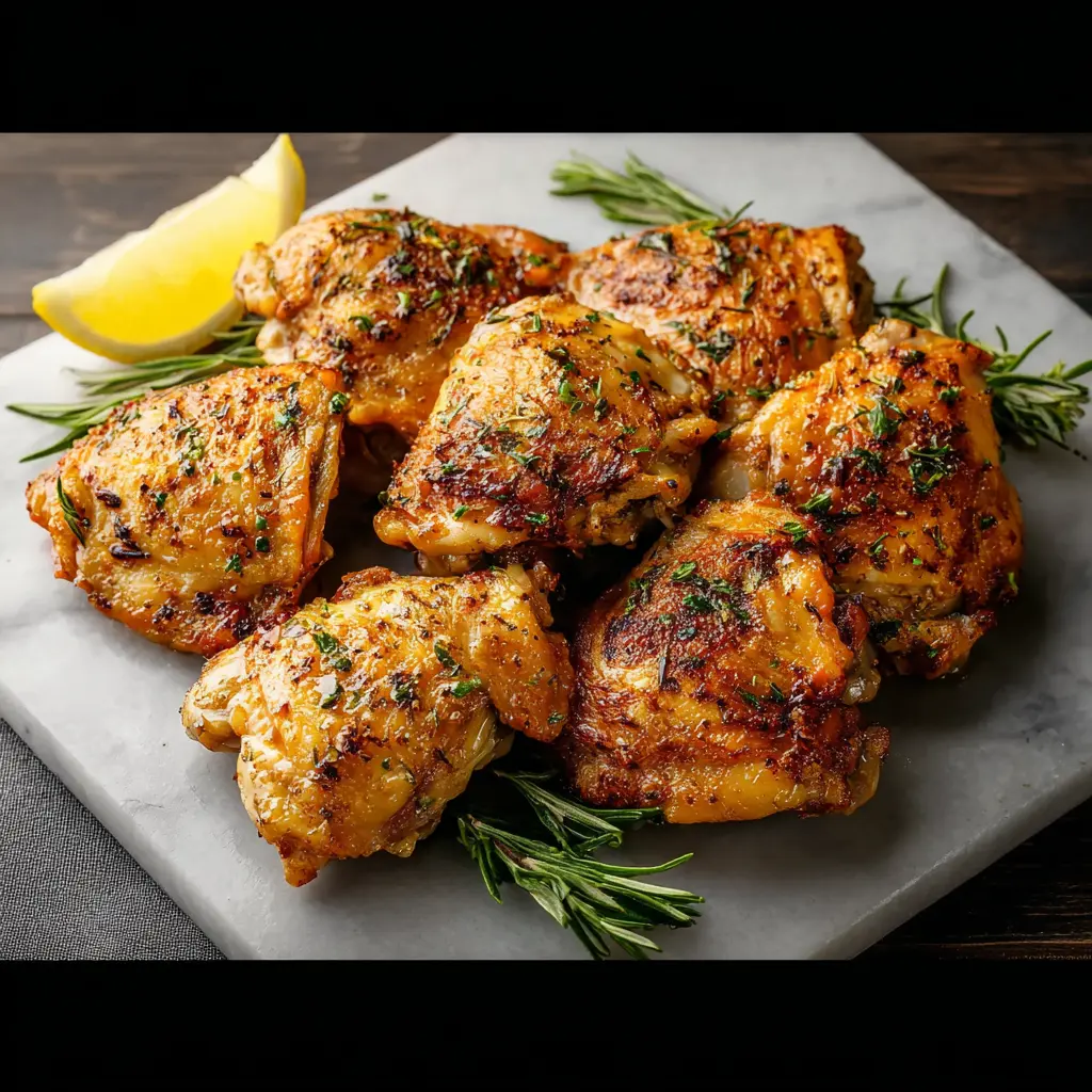 Air Fryer Chicken Thighs Lemon Herb recipe, served and ready to eat, easy homemade dinner