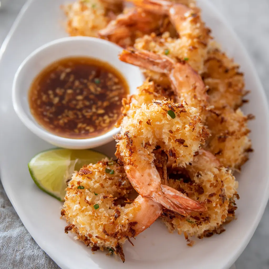 Air Fryer Coconut Shrimp Sweet Chili recipe, served and ready to eat, easy homemade dinner