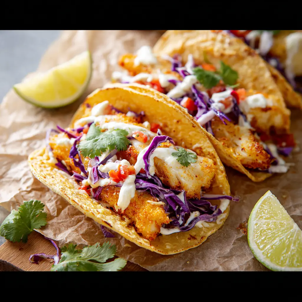 Air Fryer Cod Fish Tacos Your New Favorite Fresh Crispy Dinner 5 Air Fryer Cod Fish Tacos served and ready to eat, made in the air fryer with crispy cod and cilantro lime slaw