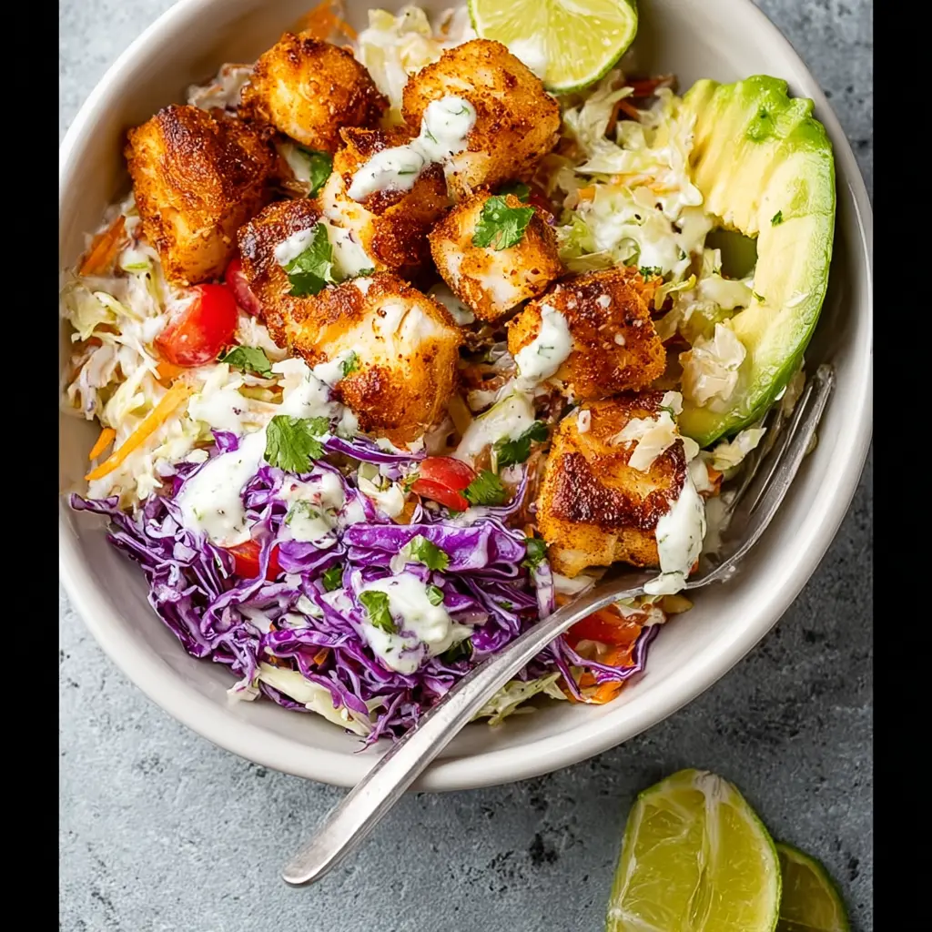 Air Fryer Fish Taco Bowl Low Carb recipe, served and ready to eat, easy homemade dish