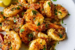 Air Fryer Garlic Butter Shrimp recipe, served and ready to eat, easy homemade dinner