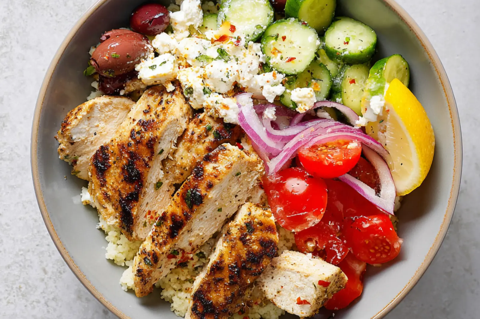 Air Fryer Greek Chicken Bowl High Protein recipe, served and ready to eat, easy homemade dinner