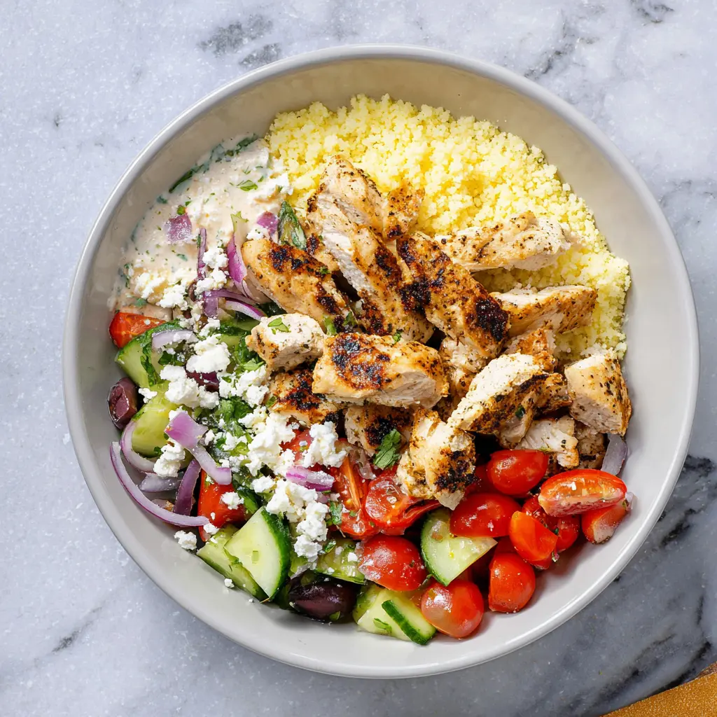 Air Fryer Greek Chicken Bowl High Protein Satisfying Dinner 6 Air Fryer Greek Chicken Bowl High Protein recipe, served and ready to eat, easy homemade dinner