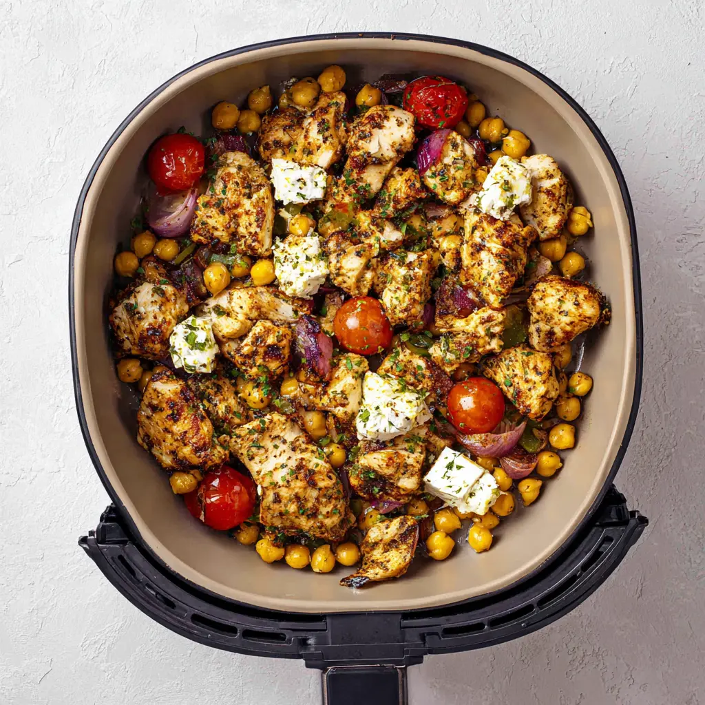 Air Fryer Greek Chicken Chickpeas Feta recipe, served and ready to eat, easy homemade dinner