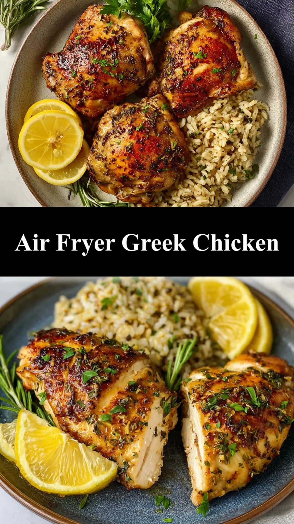 Air Fryer Greek Chicken Lemon Herb recipe, served and ready to eat, easy homemade dish