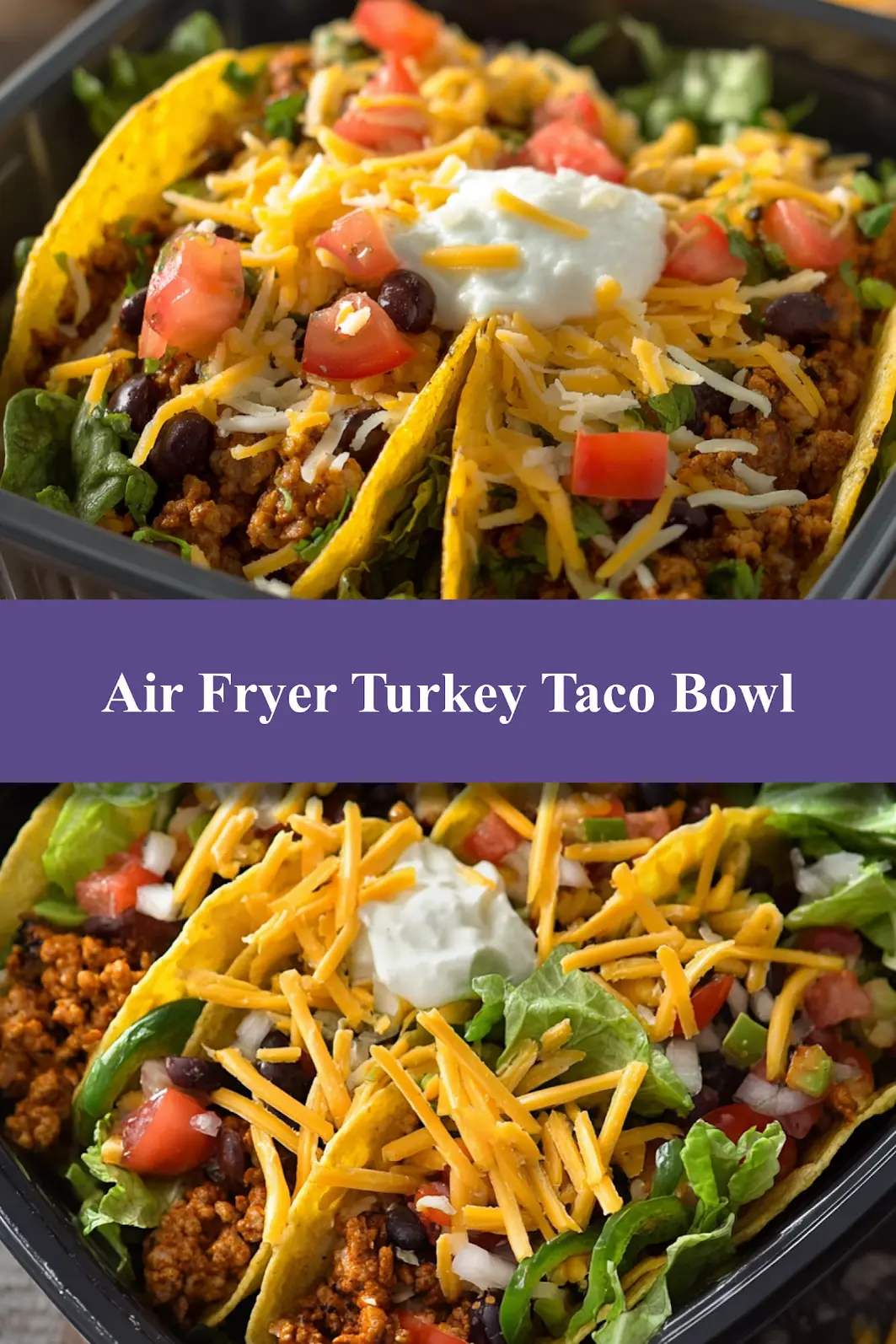 Air Fryer Ground Turkey Taco Bowl recipe, served and ready to eat, easy homemade dinner