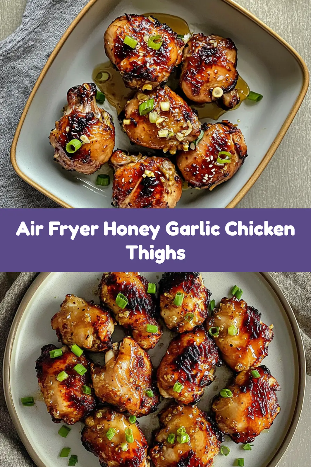 Air Fryer Honey Garlic Chicken Thighs Comforting and Crispy 7 Air fryer honey garlic chicken thighs served and ready to eat, easy homemade dinner for Pinterest