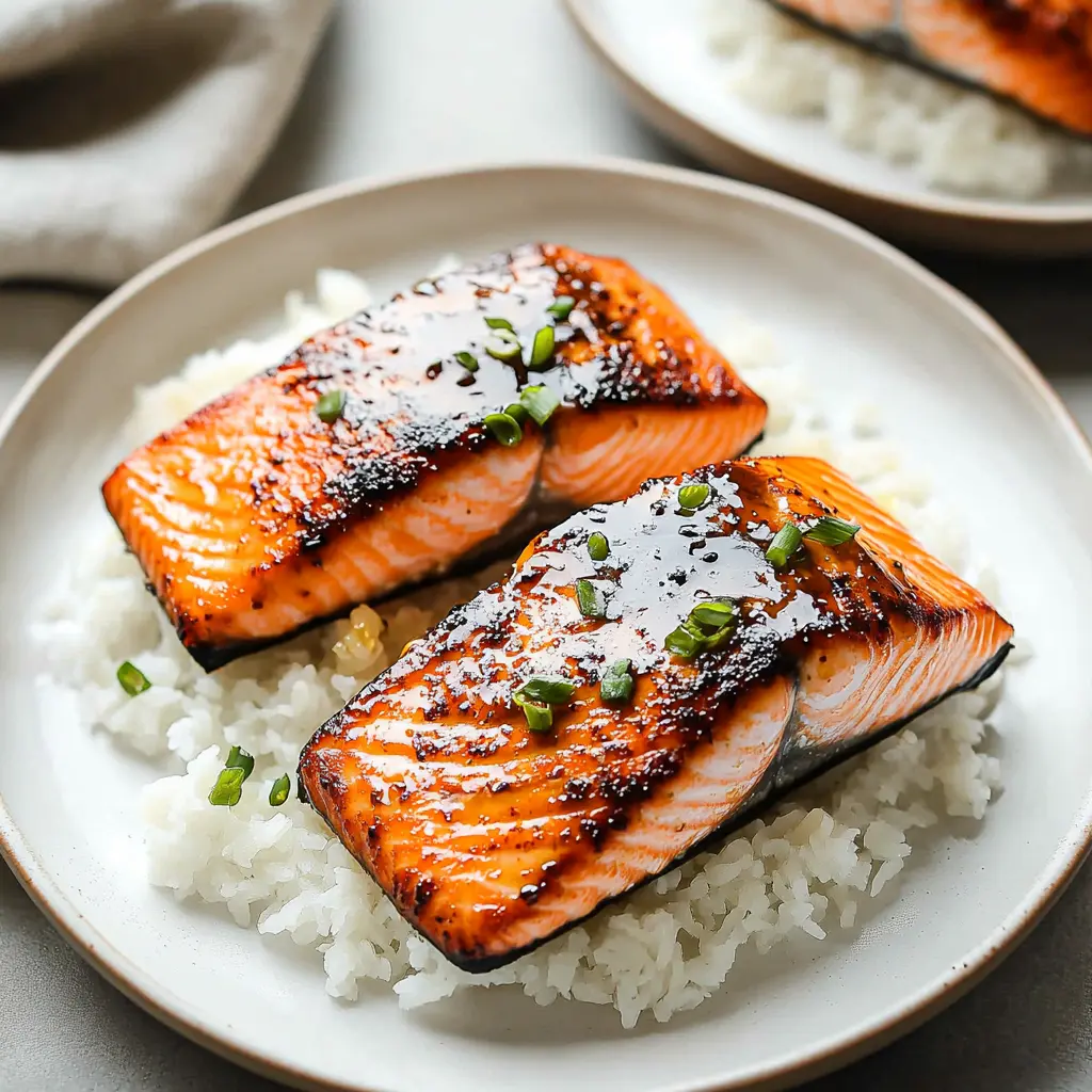 Air fryer honey garlic salmon with glossy glaze, served on a white plate with green garnish