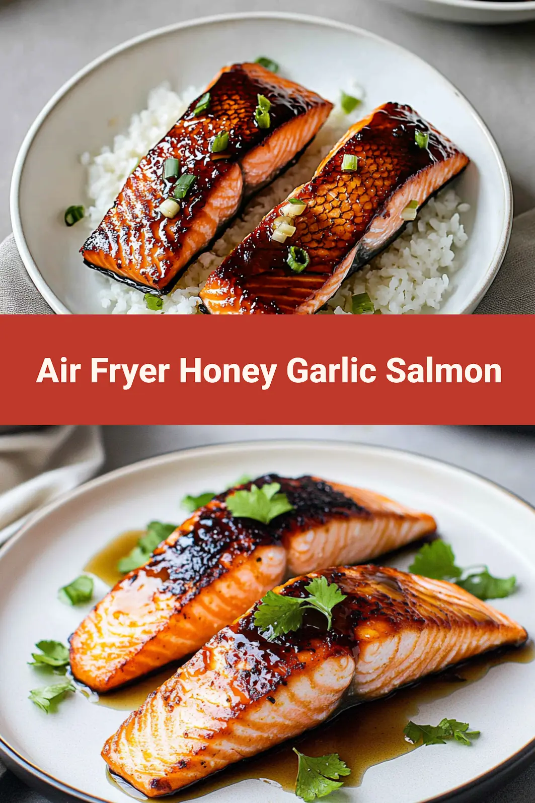 Air fryer honey garlic salmon recipe pin image showing finished dish ready to eat
