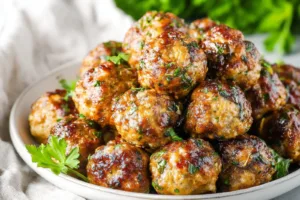 Air Fryer Italian Meatballs recipe, served and ready to eat, easy homemade dinner