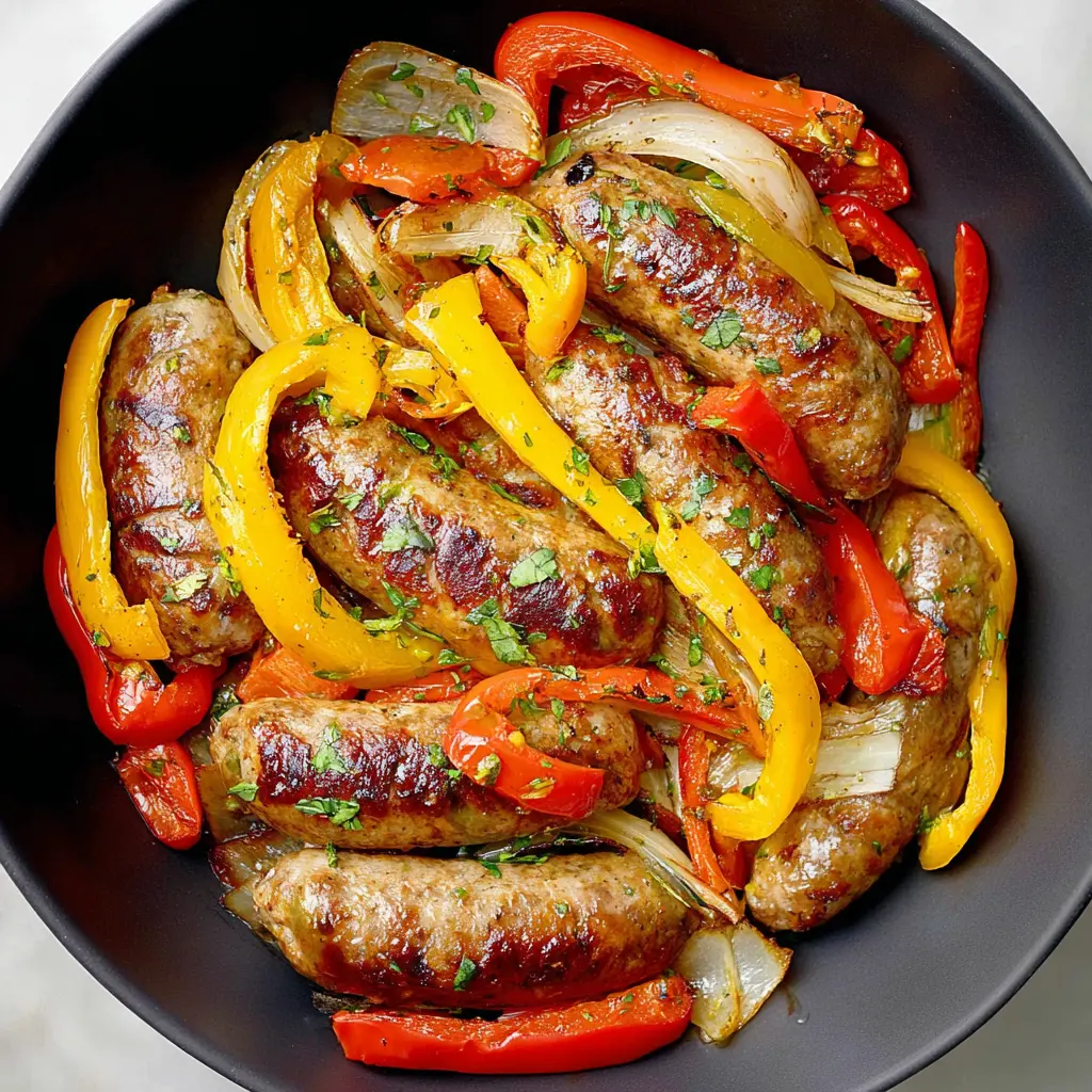 Air Fryer Italian Sausage and Peppers recipe, served and ready to eat, easy homemade dinner