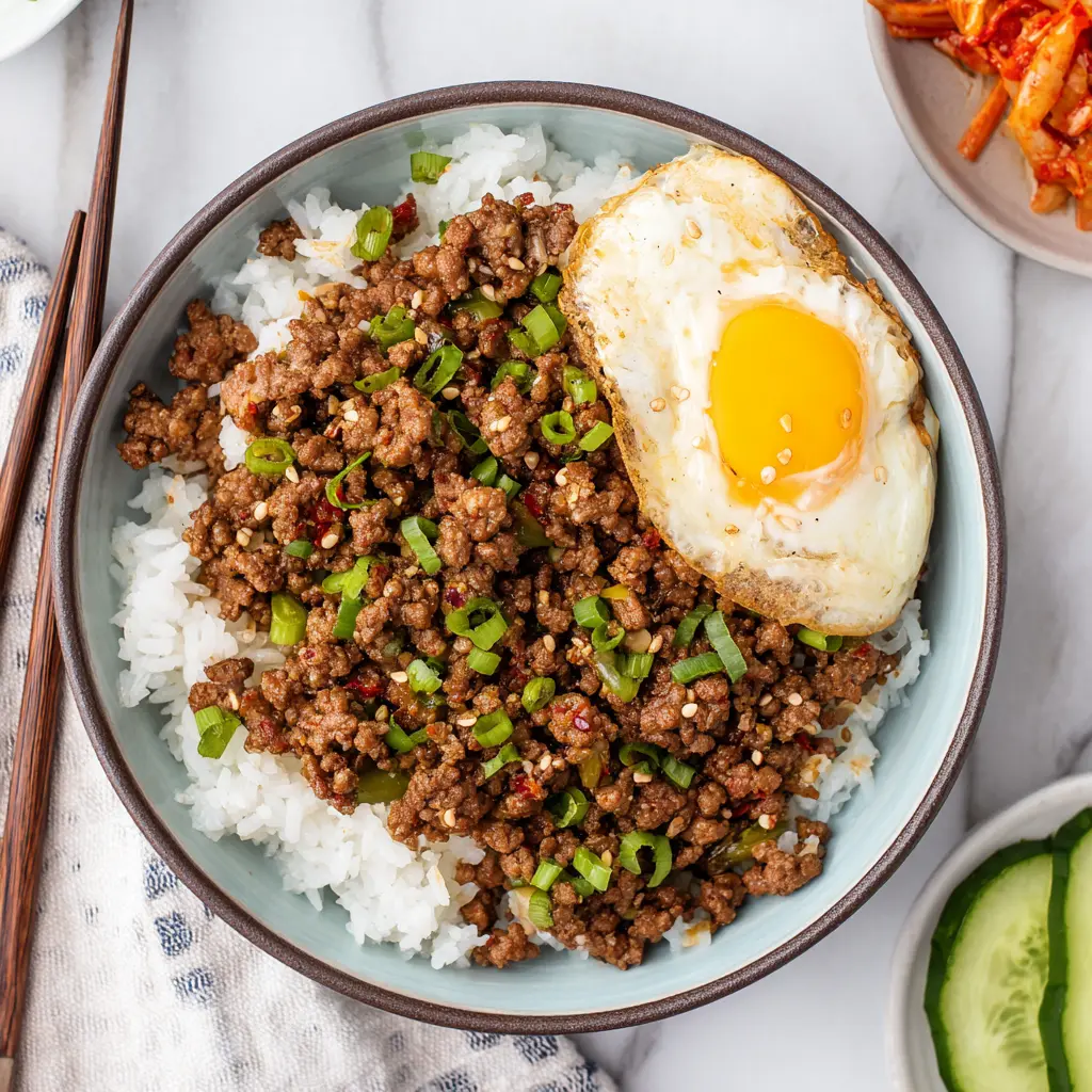 Air Fryer Korean Ground Beef Bowl recipe, served and ready to eat, easy homemade dinner