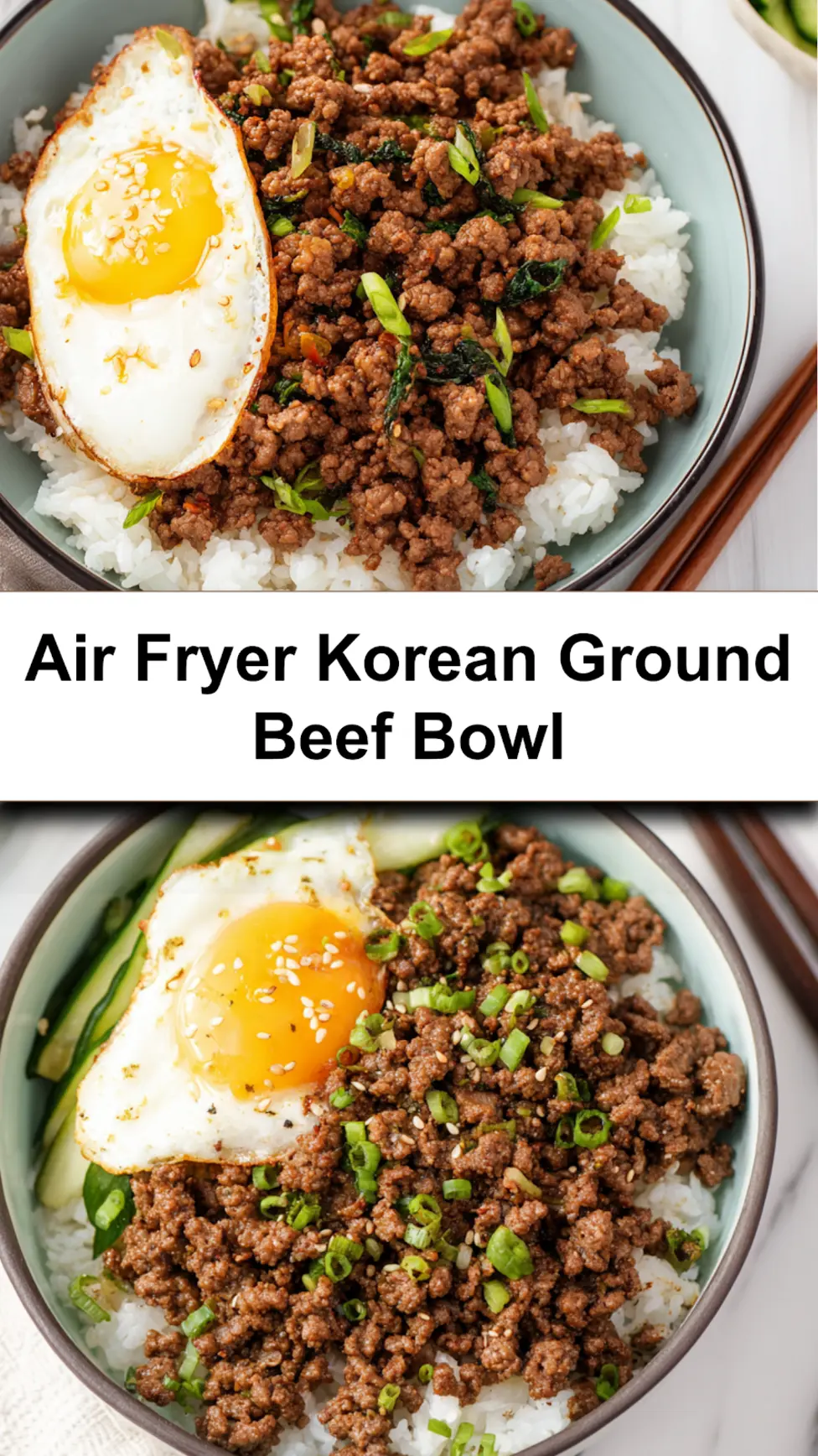 Air Fryer Korean Ground Beef Bowl recipe, served and ready to eat, easy homemade dinner_pin