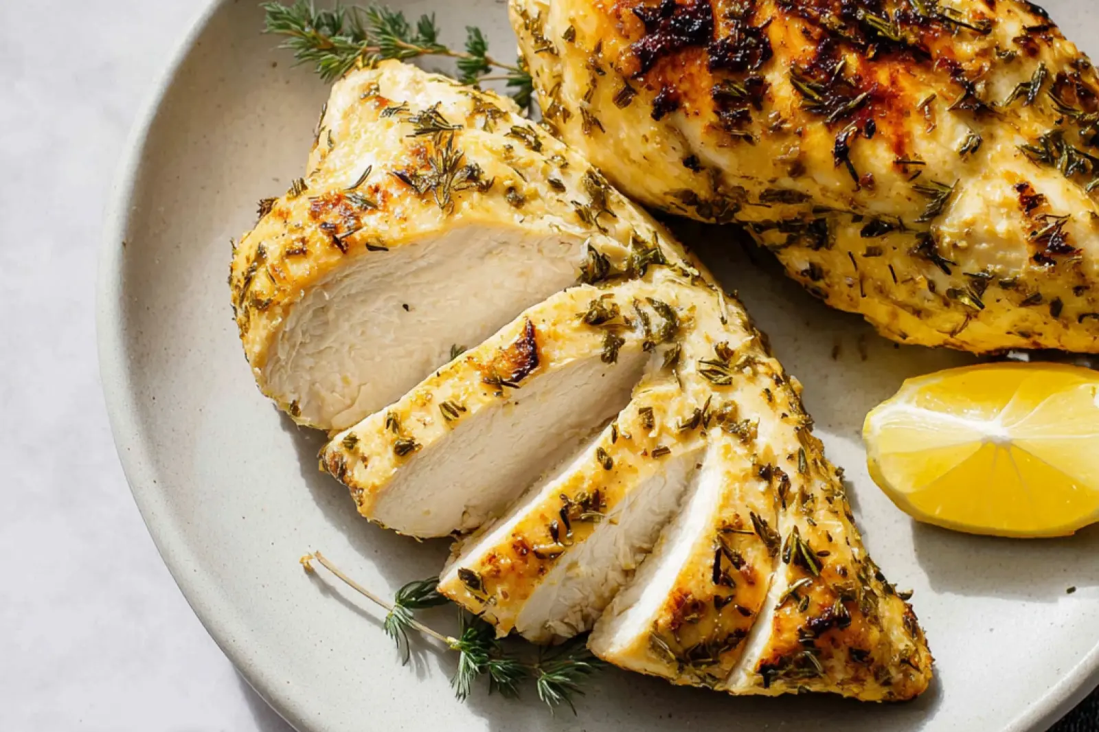 Air Fryer Lemon Herb Chicken Breast recipe, served and ready to eat, easy homemade dinner