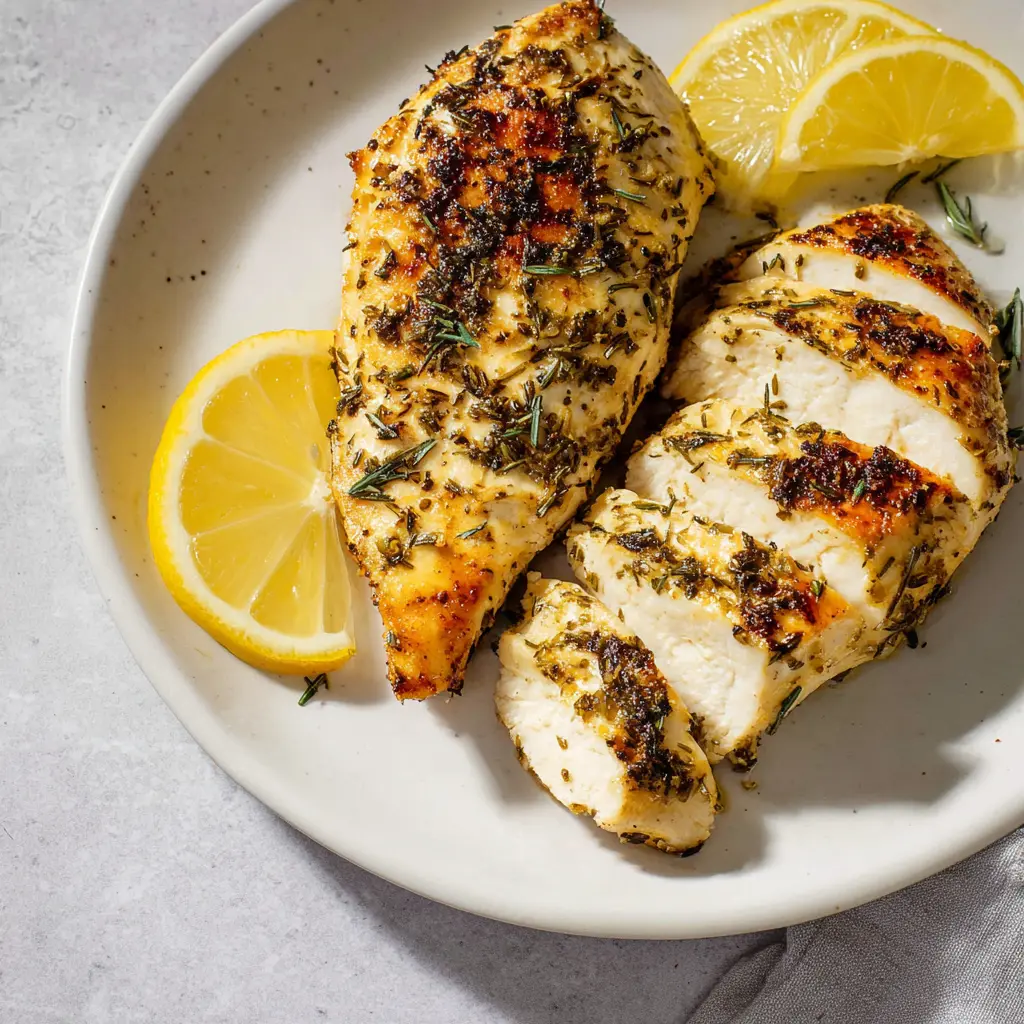Air Fryer Lemon Herb Chicken Breast Spring Vibrant Easy Recipe 6 Air Fryer Lemon Herb Chicken Breast recipe, served and ready to eat, easy homemade dinner