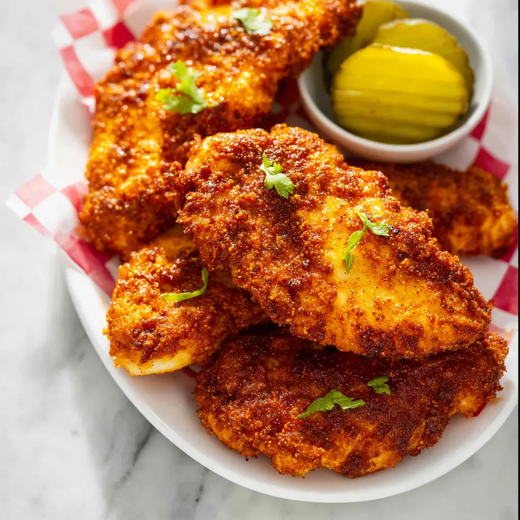 Air Fryer Nashville Hot Chicken Tenders served on white toast with bread and butter pickle chips, crispy and golden