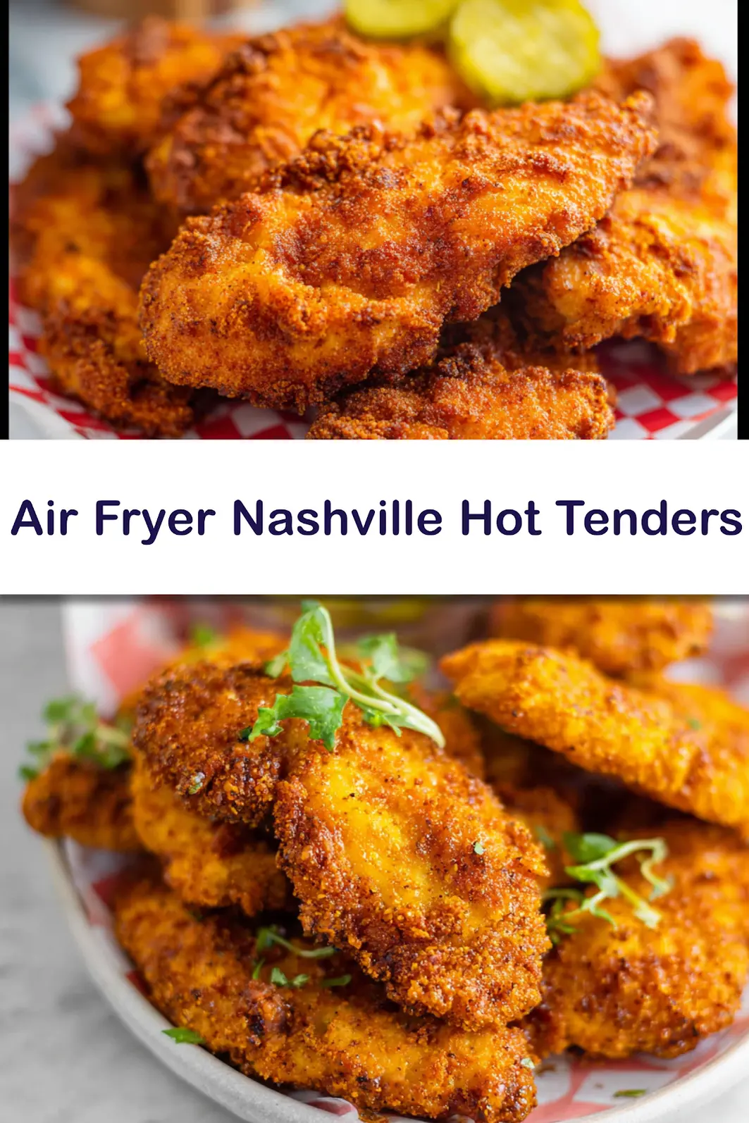 Air Fryer Nashville Hot Chicken Tenders served on white toast with bread and butter pickle chips, crispy golden and ready to eat