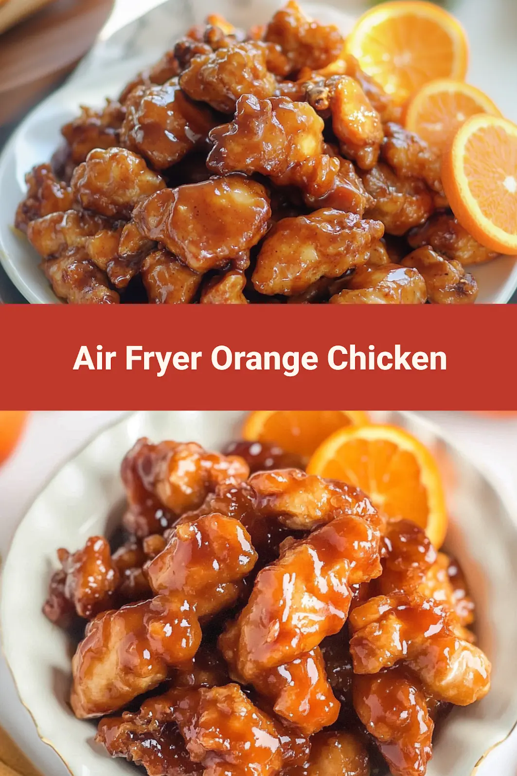 Air Fryer Orange Chicken recipe, served and ready to eat, easy homemade dinner