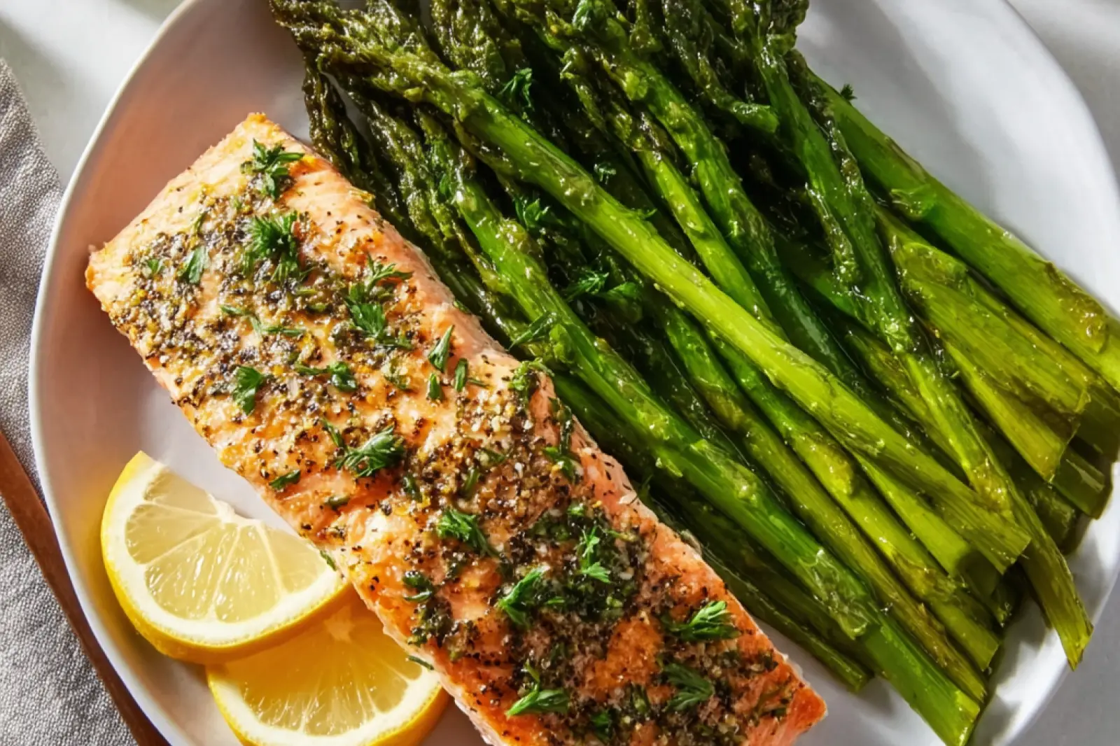 Air Fryer Salmon Asparagus recipe, served and ready to eat, easy homemade dinner