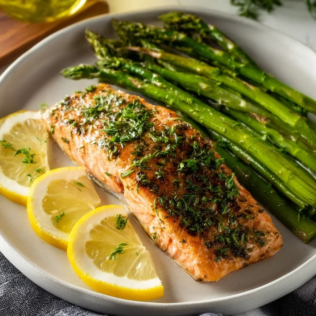Air Fryer Salmon Asparagus recipe, served and ready to eat, easy homemade dinner