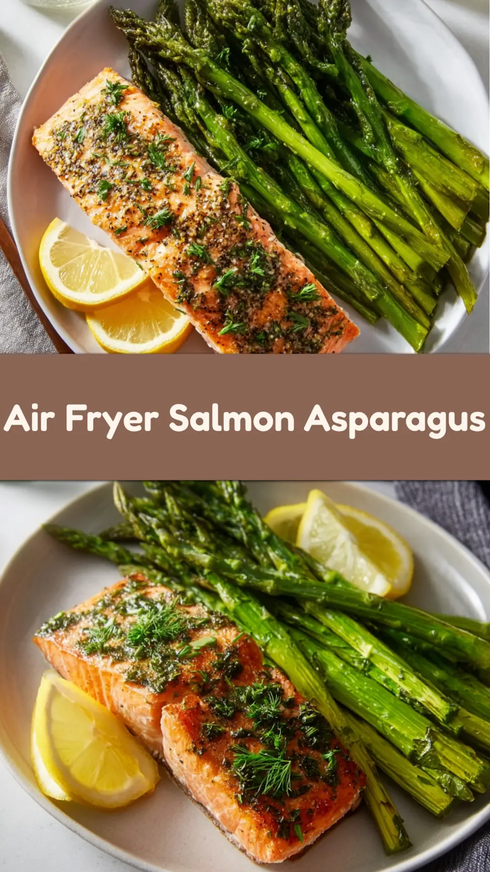 Air Fryer Salmon Asparagus recipe, served and ready to eat, easy homemade dinner