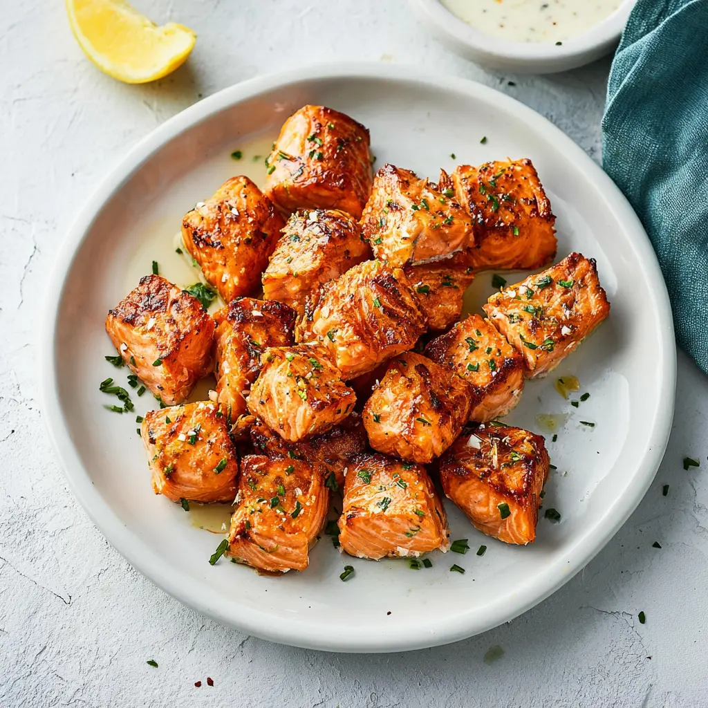 Air Fryer Salmon Bites with lemon garlic, golden and flaky, served fresh from the air fryer