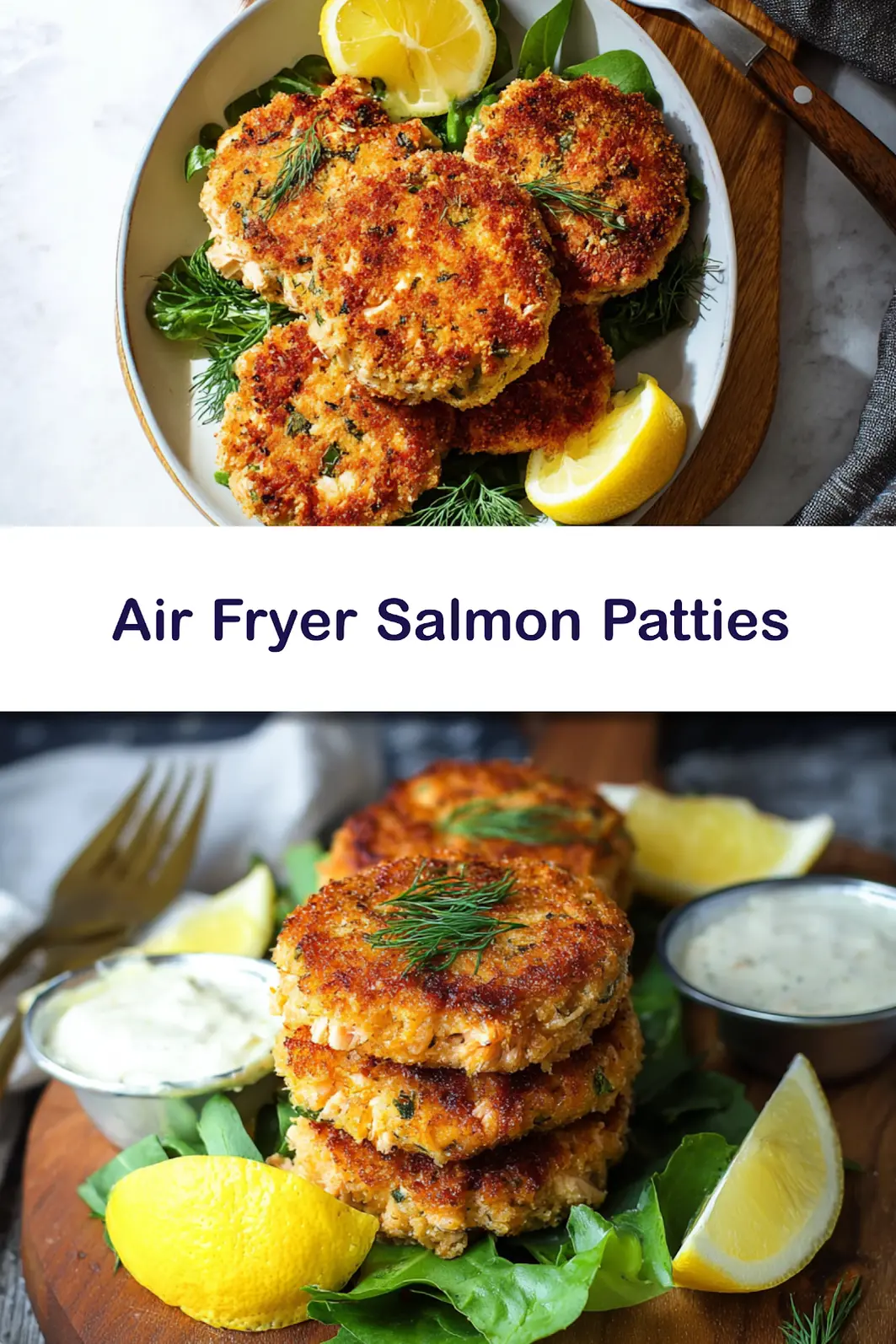 Air Fryer Salmon Patties Lemon Dill recipe, served and ready to eat, easy homemade dinner_pin